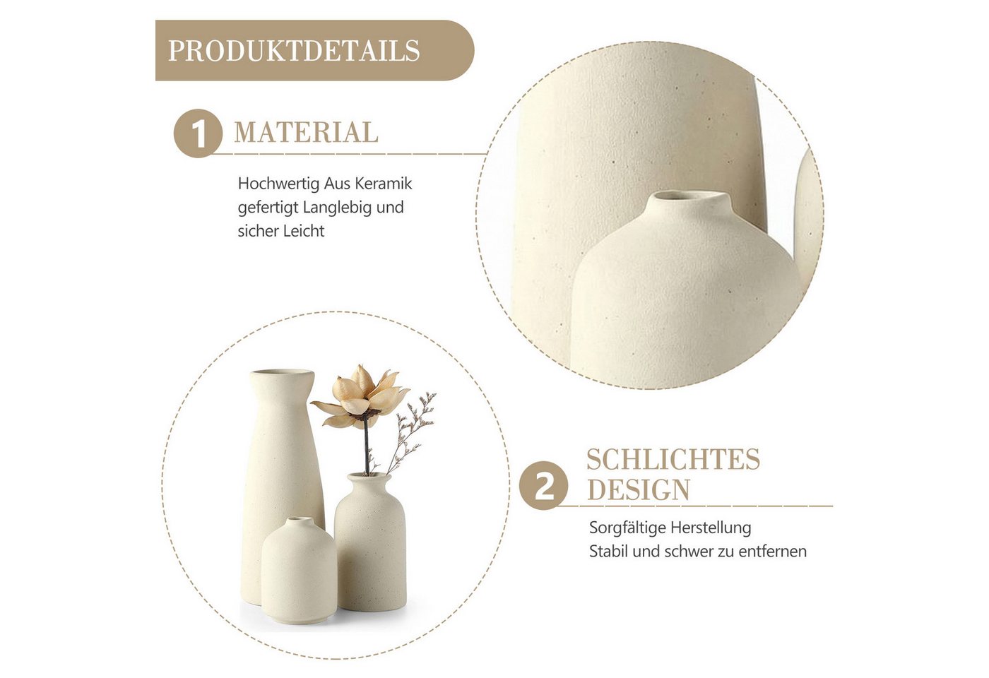 LEMLIT Dekovase Keramikvasen-Set 3-teilig, Minimalistische Blumenvasen (3er Set, 3 St., Große Vase, Mittlere Vase, Kleine Vase), für frische Blumen, Trockenblum – Bild 4 von 5