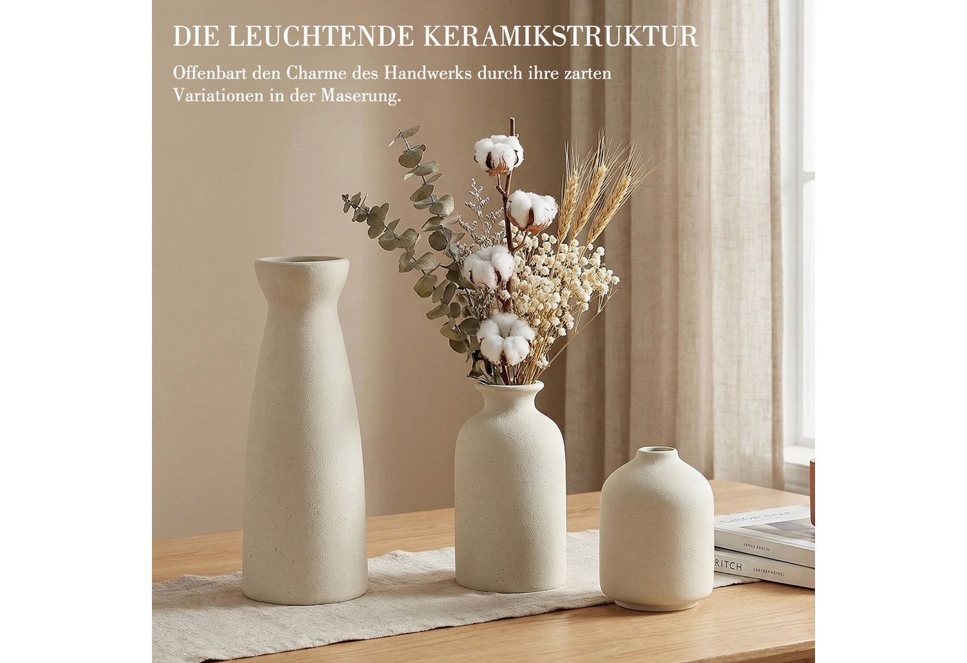 LEMLIT Dekovase Keramikvasen-Set 3-teilig, Minimalistische Blumenvasen (3er Set, 3 St., Große Vase, Mittlere Vase, Kleine Vase), für frische Blumen, Trockenblum – Bild 5 von 5