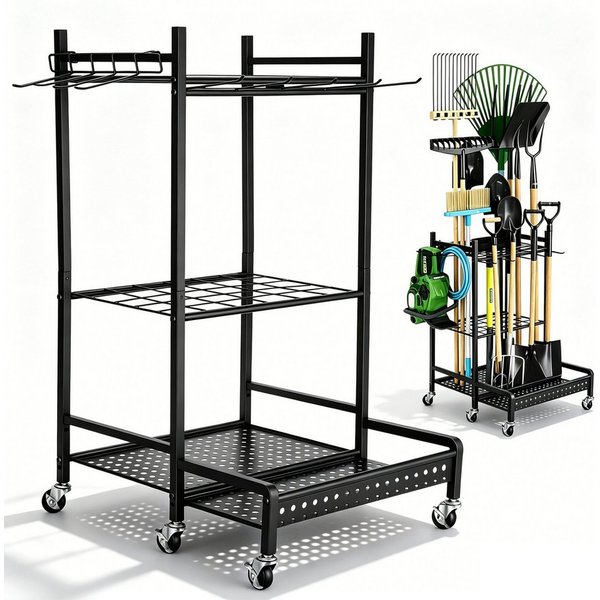 LEMLIT Gartengerätehalter Gartenwerkzeug Organizer Mit Rädern Und Haken, Metall, Schwarz, (1er Set, 1-tlg., Produktmaße: 49,8 x 42,9 x 77,9 cm, 30 kg Belastbar,