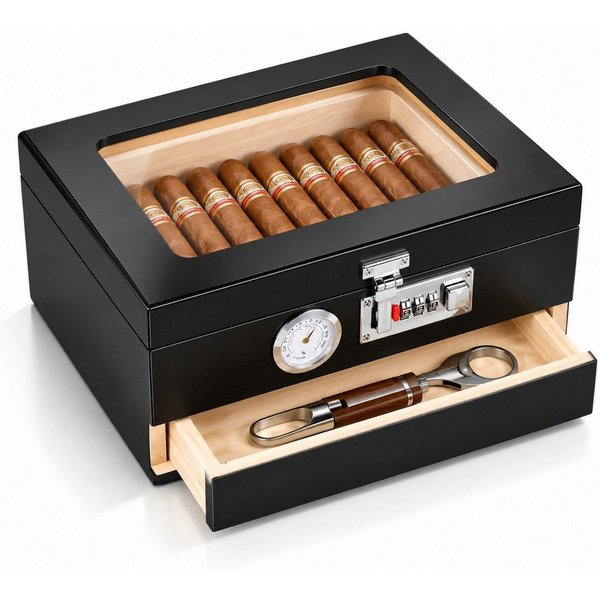 LEMLIT Humidor Zigarren Humidor Zedernholz Mit Hygrometer, Zahlenschloss, Schwarz, Mit Glasfenster, Trennwand Und Zubehörschublade