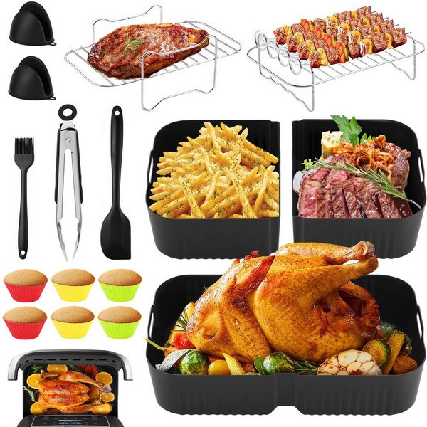 LEMLIT Küchenmaschinen Zubehör-Set Heißluftfritteuse Airfryer Zubehör 16 Stück für Ninja Foodi AF500EU, Silikonform Zubehör,Backformen, Kuchenformen,Grillrost,W