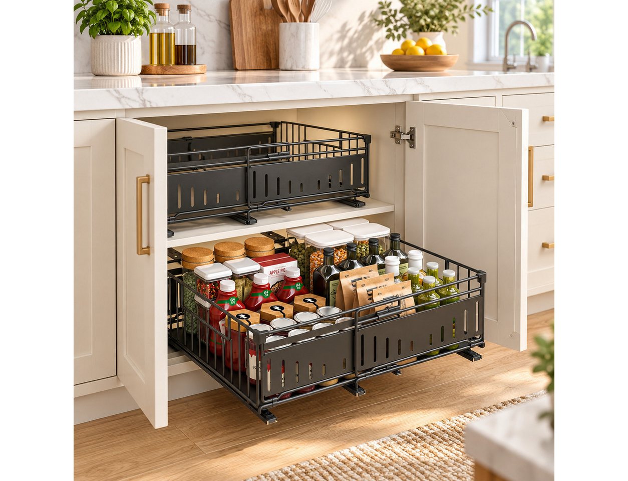 LEMLIT Küchenorganizer-Set Teleskopschublade Küche, Ausziehbarer Schrankorganizer 32,5–49,5 cm, (2er Set, 2-tlg., 2tlg), Schrankauszug Metall, für Küchenschrank – Bild 2 von 5