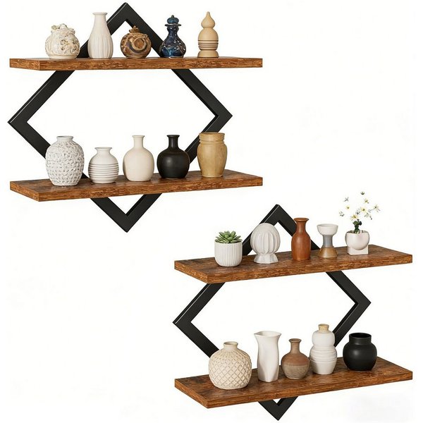 LEMLIT Küchenregal 2er-Set Wandregal, Industrial Hängeregal mit Metallrahmen, 2er Set 2-tlg., Rautenregal 2 pro Regalboden, 38 x 14 x 38 cm, Braun/Schwarz