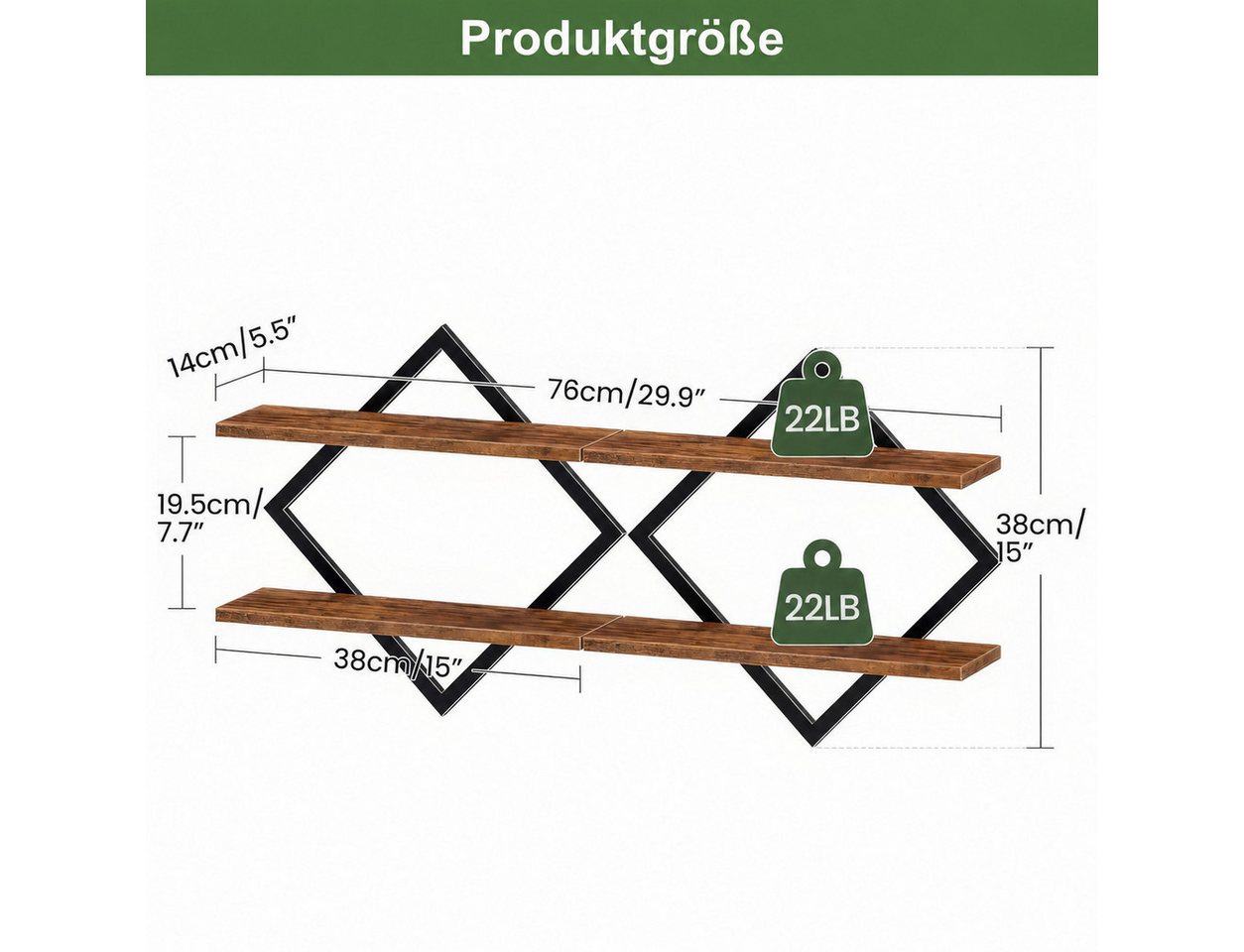 LEMLIT Küchenregal 2er-Set Wandregal, Industrial Hängeregal mit Metallrahmen, 2er Set 2-tlg., Rautenregal 2 pro Regalboden, 38 x 14 x 38 cm, Braun/Schwarz – Bild 3 von 5