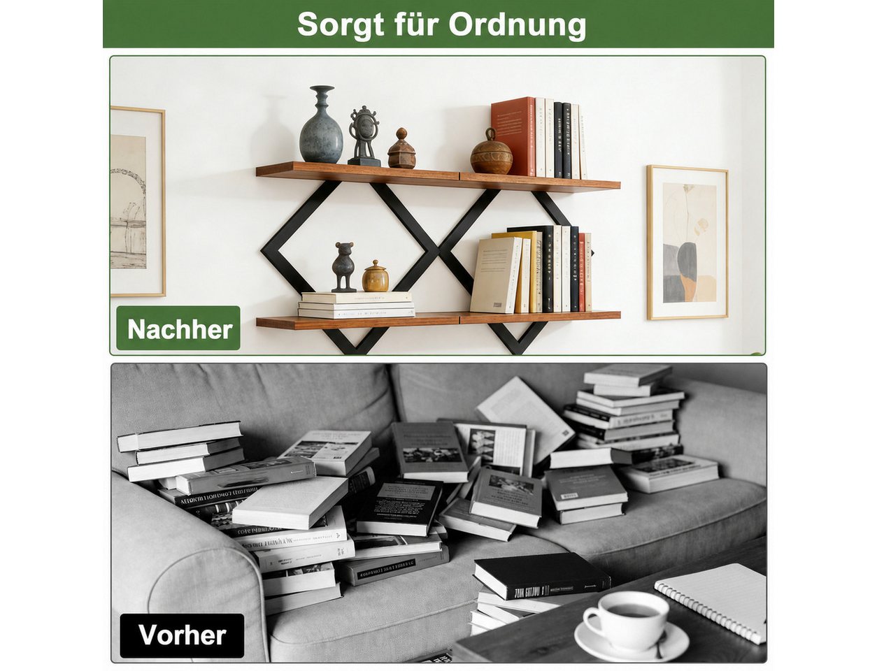 LEMLIT Küchenregal 2er-Set Wandregal, Industrial Hängeregal mit Metallrahmen, 2er Set 2-tlg., Rautenregal 2 pro Regalboden, 38 x 14 x 38 cm, Braun/Schwarz – Bild 4 von 5
