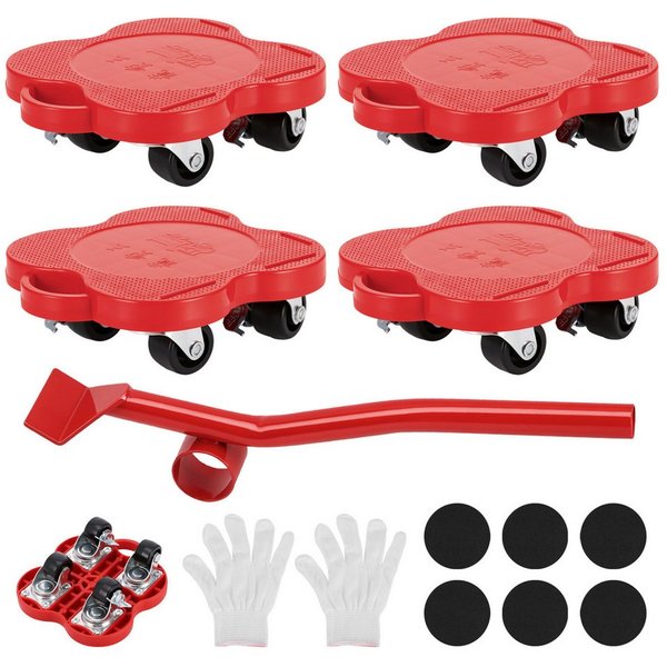 LEMLIT Möbelrolle Möbeltransport-Set mit 4 Möbelrollern und Hebel, bis 500 kg, (4er Set, 6-St., 4 Roller + 1 Hebel + 6 Pads + 2 Handschuhe), Transportroller Sch