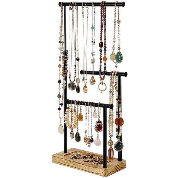 LEMLIT Schmuckständer Schmuckständer Holz Schmuckhalter Kettenhalter 3 Stäbe Drehbar (1er Set, 1 St., Ausziehbarer Halskettenhalter aus Metall mit Holzsockel), 