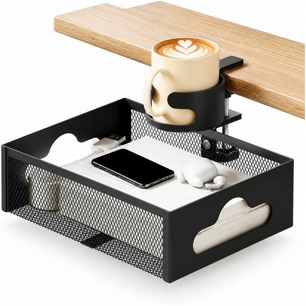 LEMLIT Schreibtisch-Organizer mit Getränkehalter, 360° drehbar, Klemmmontage (1er Set, 1 St., 1tlg), Untertisch-Ablage mit Getränkehalter, Klemmmontage 1–5 cm, 
