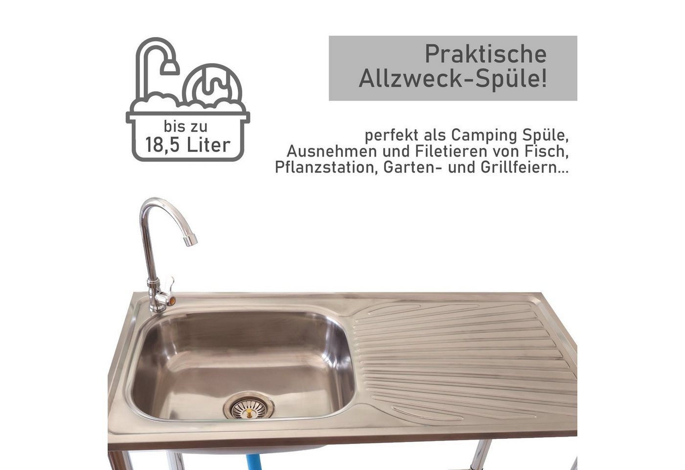 Lemodo Küchenspüle Outdoor Spüle, Edelstahl Spültisch mit Wasserhahn, 100/50,5 cm, Für den gebrauch im Freien geeignet – Bild 2 von 5