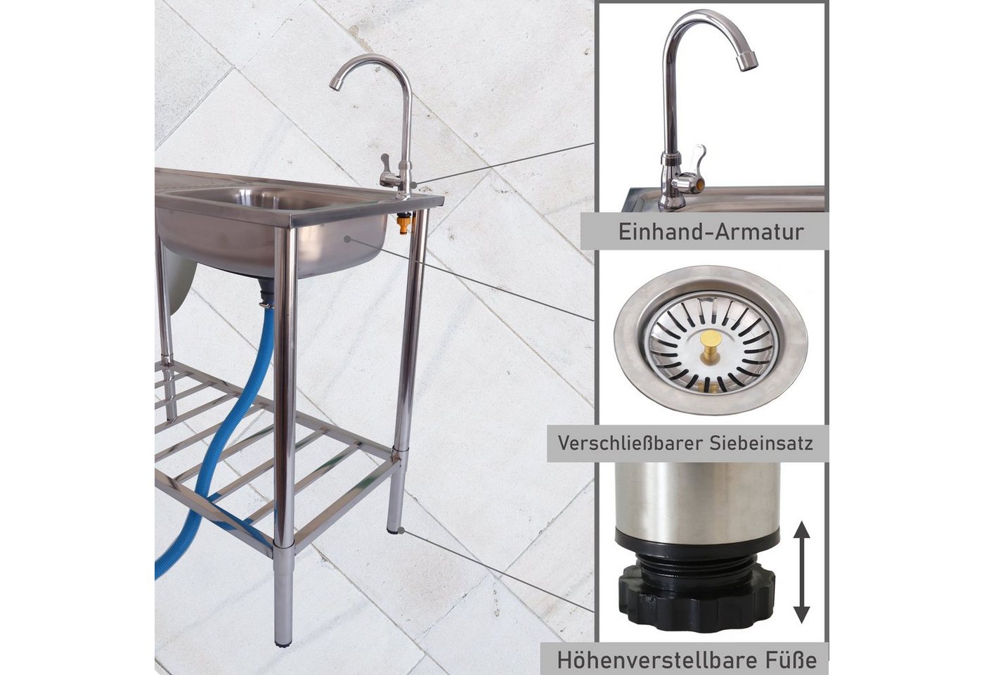 Lemodo Küchenspüle Outdoor Spüle, Edelstahl Spültisch mit Wasserhahn, 100/50,5 cm, Für den gebrauch im Freien geeignet – Bild 3 von 5