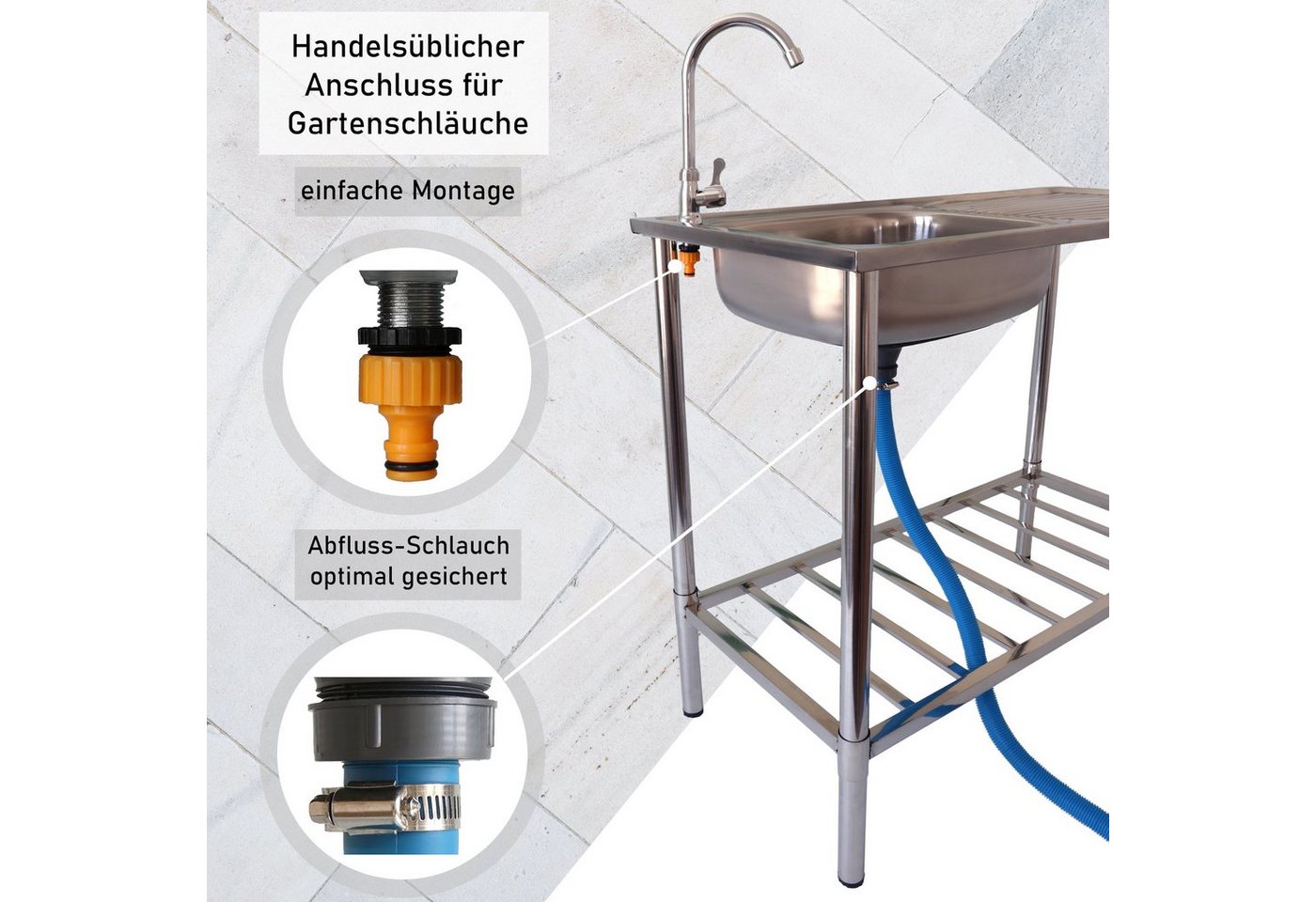 Lemodo Küchenspüle Outdoor Spüle, Edelstahl Spültisch mit Wasserhahn, 100/50,5 cm, Für den gebrauch im Freien geeignet – Bild 4 von 5