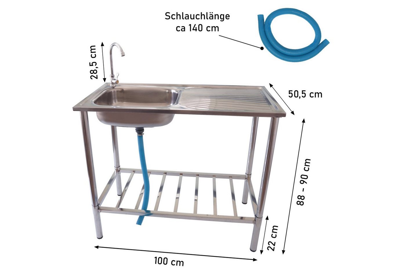 Lemodo Küchenspüle Outdoor Spüle, Edelstahl Spültisch mit Wasserhahn, 100/50,5 cm, Für den gebrauch im Freien geeignet – Bild 5 von 5
