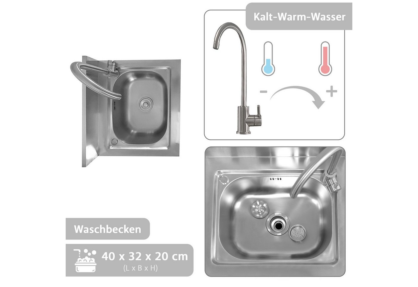 Lemodo Küchenspüle Spültisch freistehend, Wasserhahn mit Kalt Warm Anschluss, 55/50 cm, Flexible Wassertemperatureinstellung – Bild 4 von 5
