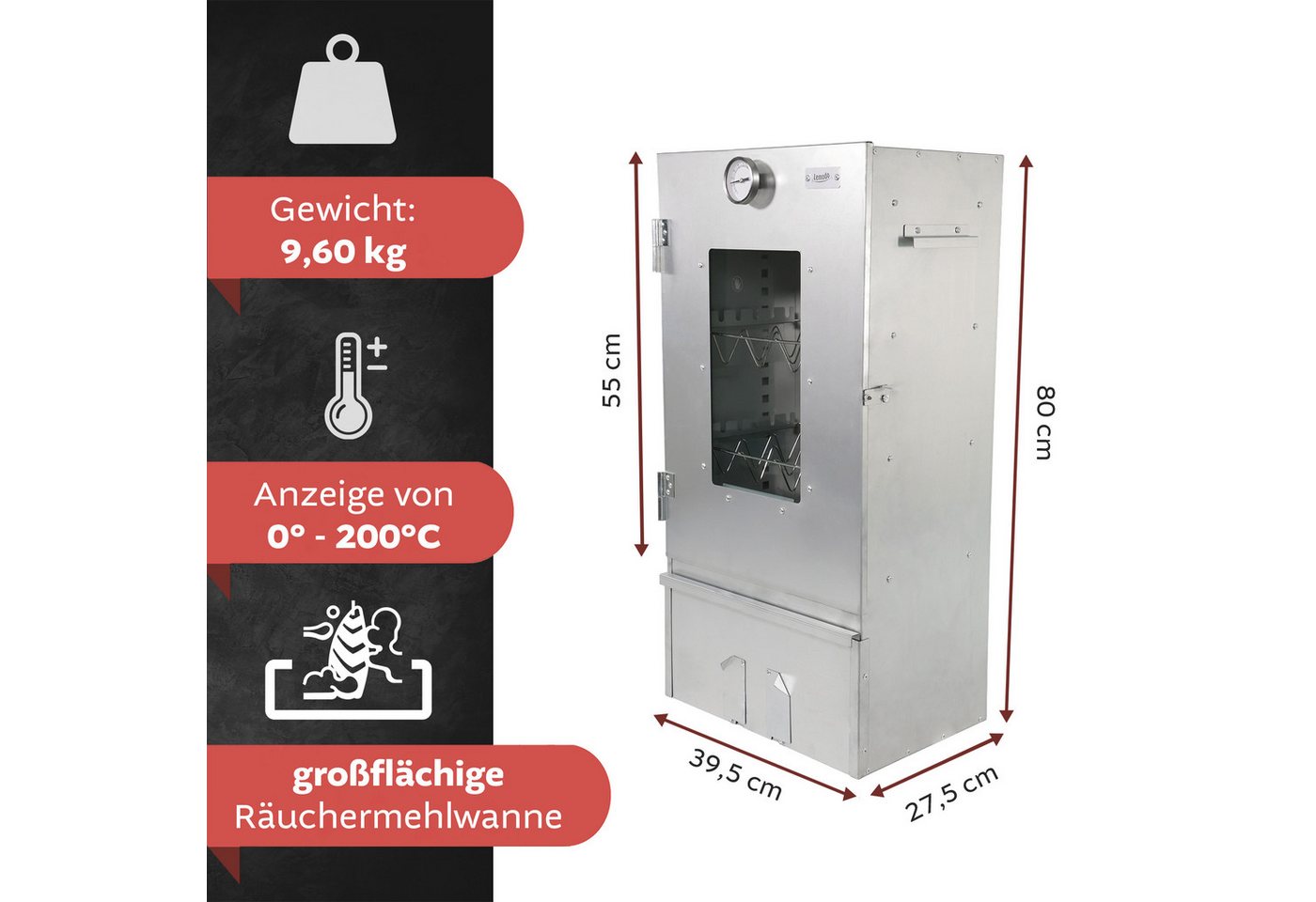 Lemodo Räucherofen Edelstahl 201, 80 cm hoch mit höhenverstellbaren Auflagen, Räucherofen aus Edelstahl mit höhenverstellbaren Auflagen – Bild 2 von 5