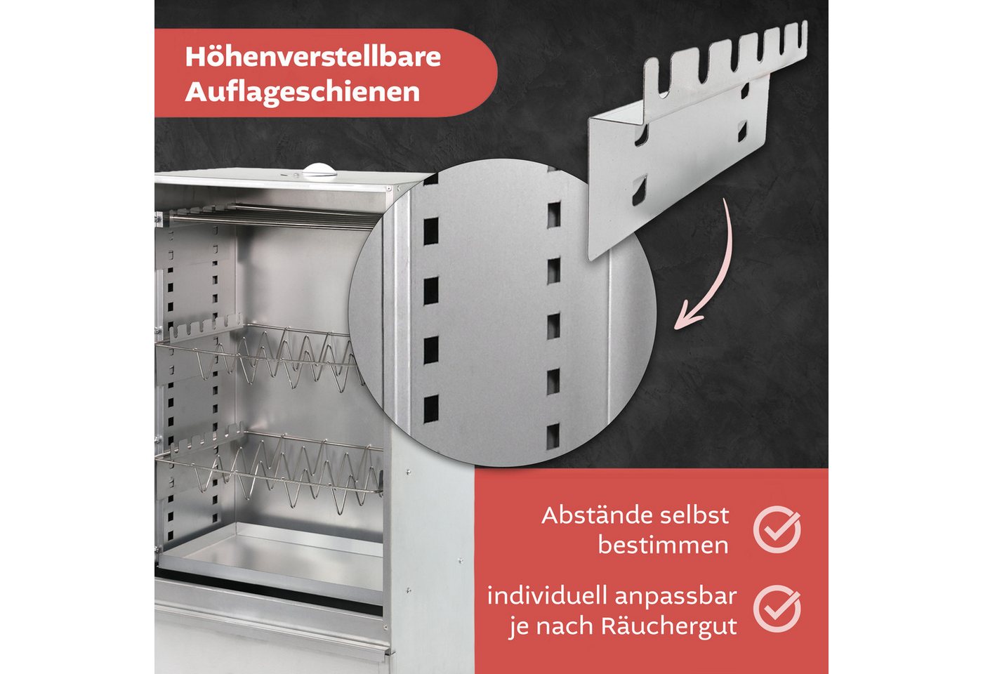 Lemodo Räucherofen Edelstahl 201, 80 cm hoch mit höhenverstellbaren Auflagen, Räucherofen aus Edelstahl mit höhenverstellbaren Auflagen – Bild 3 von 5