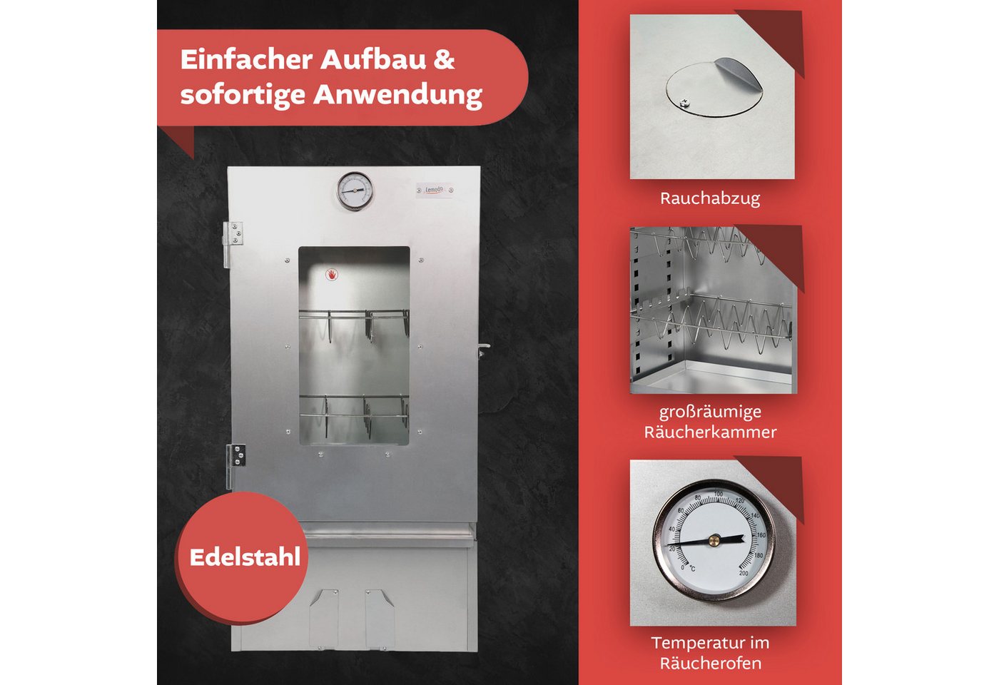Lemodo Räucherofen Edelstahl 201, 80 cm hoch mit höhenverstellbaren Auflagen, Räucherofen aus Edelstahl mit höhenverstellbaren Auflagen – Bild 4 von 5