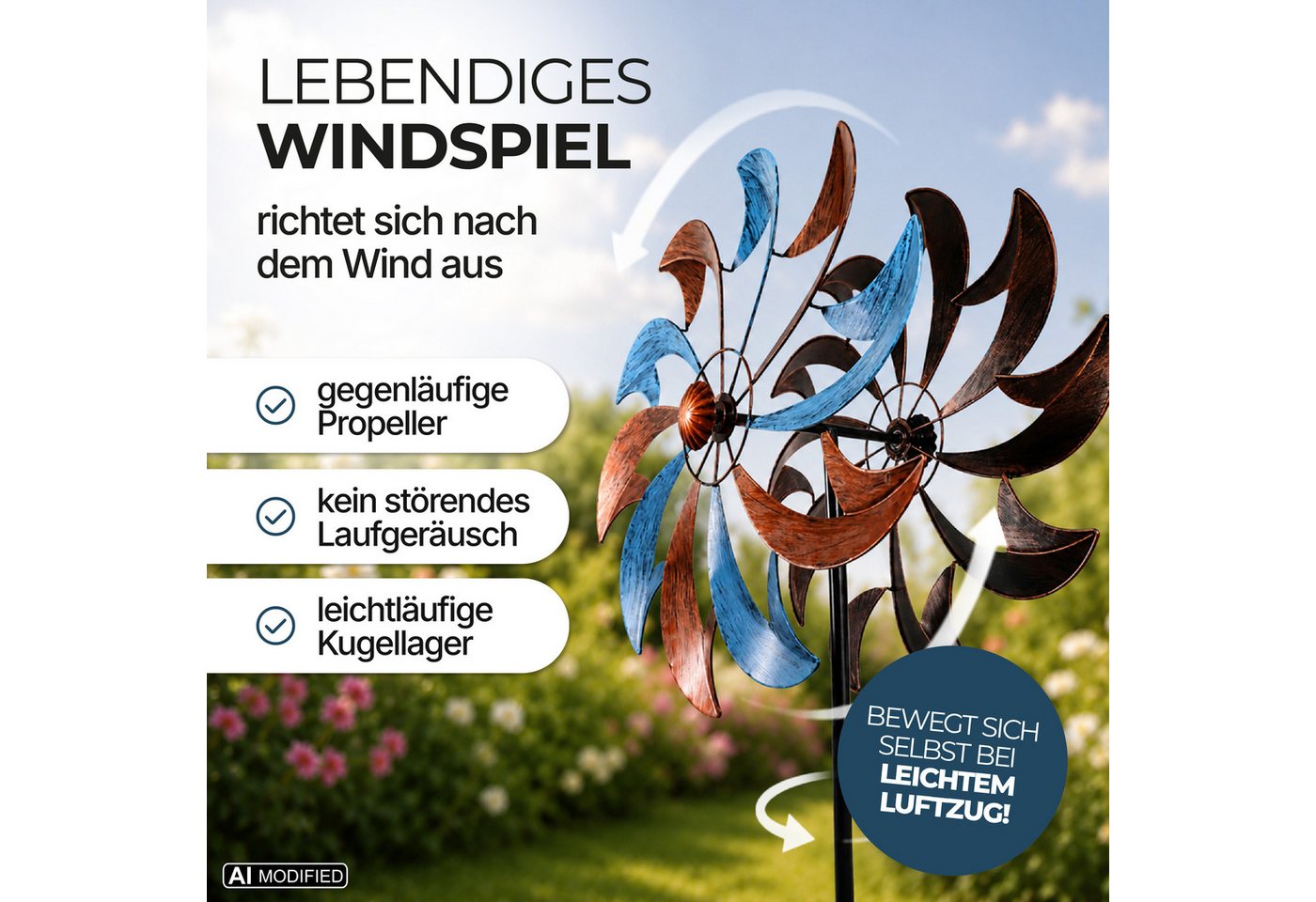 Lemodo Windrad Garten Swirl Blade aus Metall, 212 cm hoch, Antik-Look, leichtlaufendes Windrad 212cm hoch im Antik-Look – Bild 3 von 5