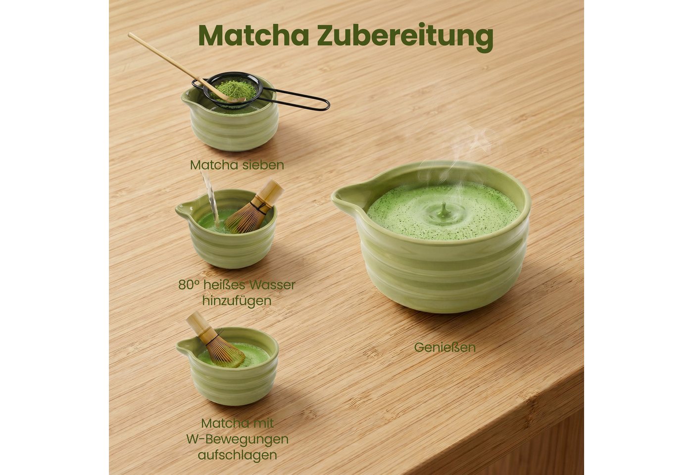 Lemontree Teeservice Matcha Set - 7-teiliges Matcha Tee Lebensmittelecht, Spülmaschinenfest, 1 Personen, Keramik, Matcha Zubehör Set Bambus Besen, Keramik Schal – Bild 3 von 5