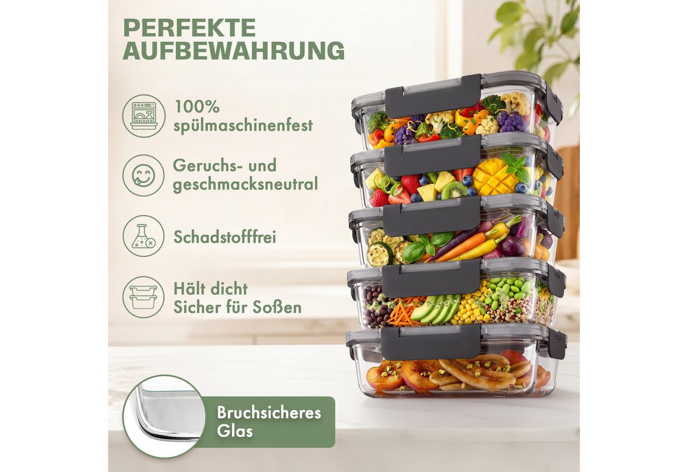 Lemontree Vorratsdose mit Deckel Luftdicht - Meal Prep Boxen Glas - Mikrowellengeeignet, Hochborosilikatglas, (Vorratsdosen-Set (3-teilig, groß je 1040 ml), Mea – Bild 3 von 5