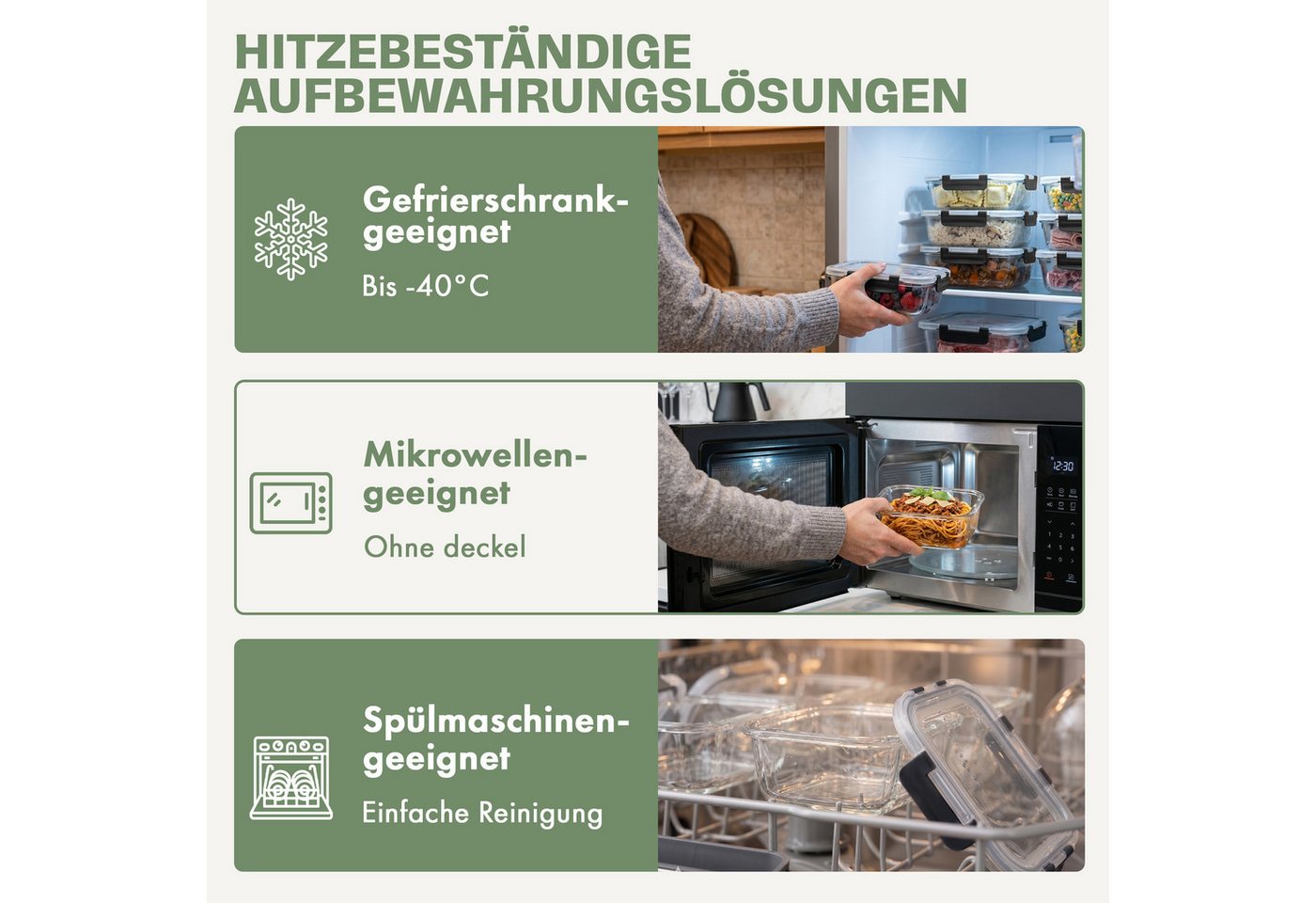 Lemontree Vorratsdose mit Deckel Luftdicht - Meal Prep Boxen Glas - Mikrowellengeeignet, Hochborosilikatglas, (Vorratsdosen-Set (3-teilig, groß je 1040 ml), Mea – Bild 4 von 5