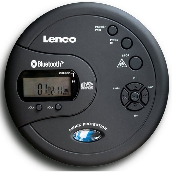 Lenco CD-300BK CD-Player (HD-Auflösung, Bluetooth, Anti-Shock, Bluetooth, LCD, inkl. 2x 2000mAh -Batterien & Kopfhörer)