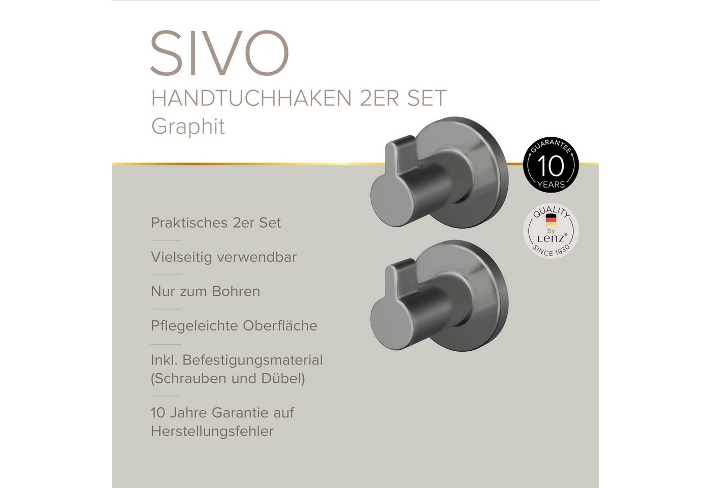 Lenz Handtuchhaken HYGGE, Badezimmer, (Packung, 2-St., 2 Stk), SIVO Anti-Fingerabdruck Oberfläche – Bild 3 von 5