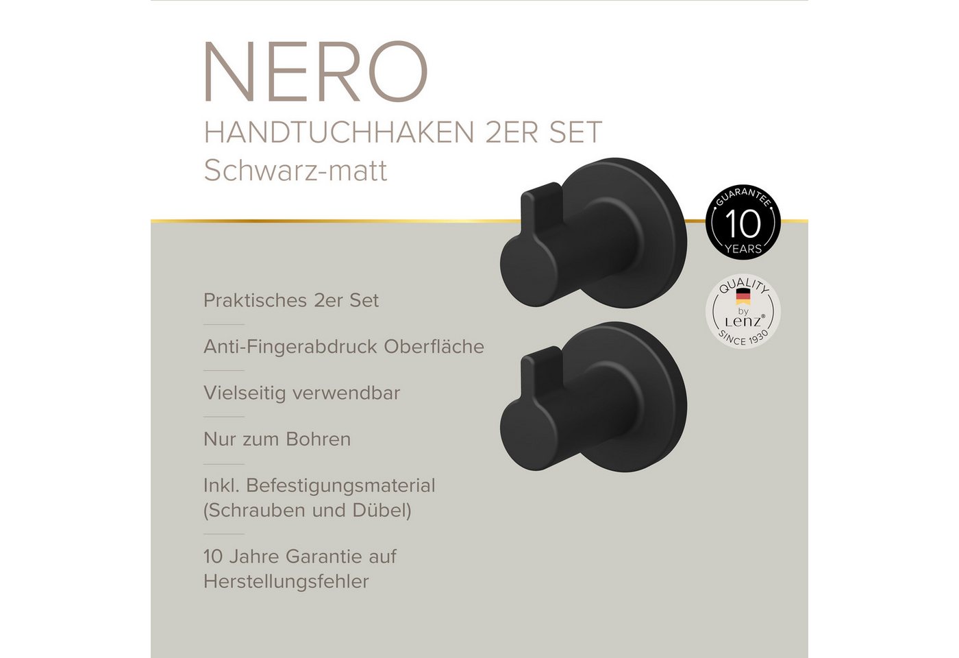 Lenz Handtuchhaken HYGGE, Badezimmer, (Packung, 2-St., 2 Stk), NERO – Bild 3 von 5