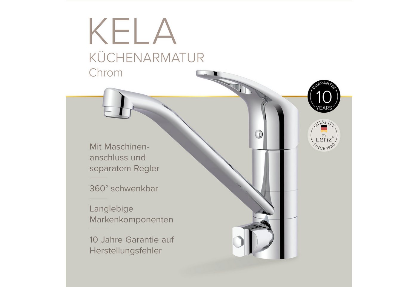 Lenz Küchenarmatur KELA, Chrom mit Geräteanschluss, schwenkbar Praktischer Maschinenanschluss für Spül- oder Waschmaschine – Bild 2 von 5