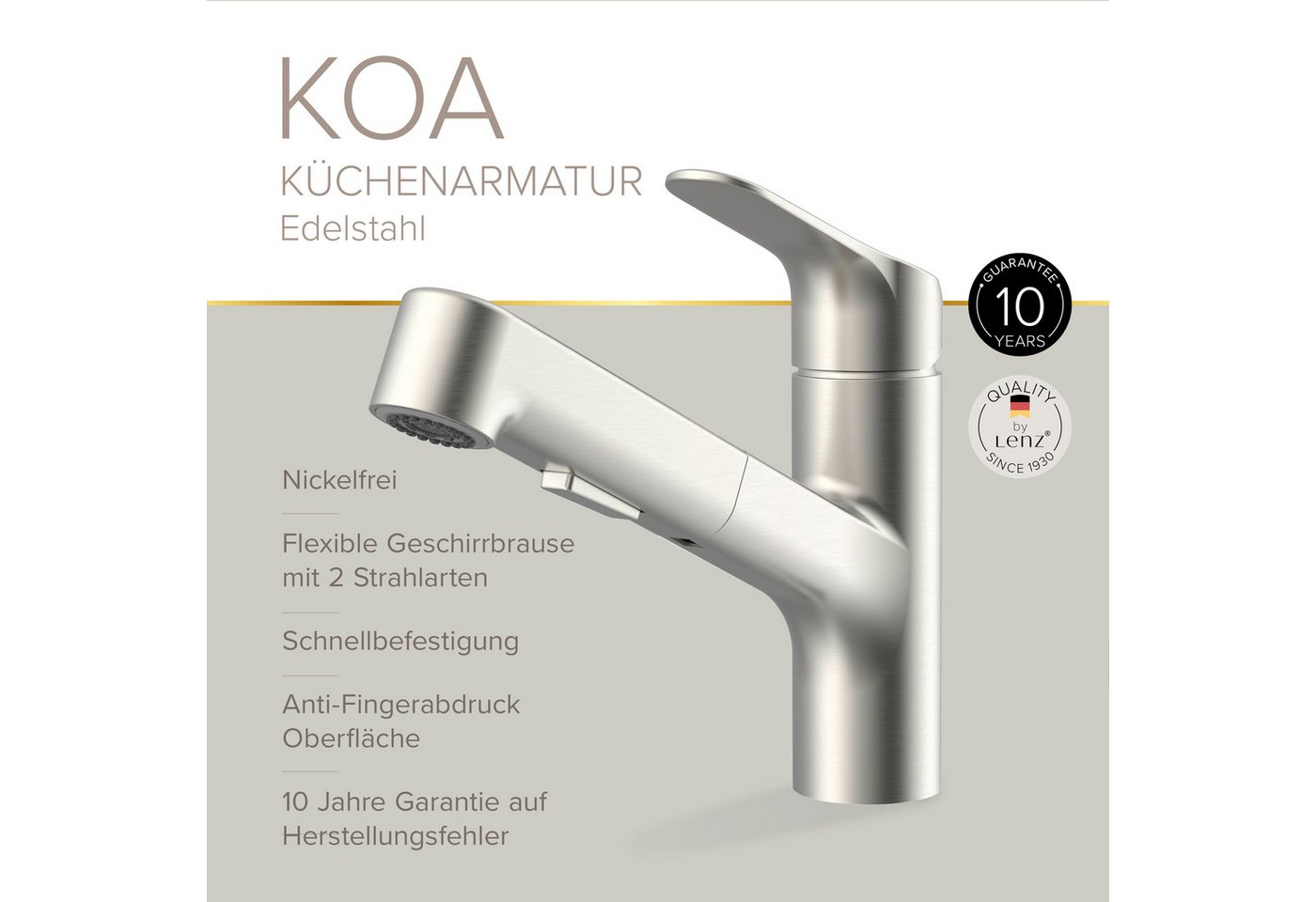 Lenz Küchenarmatur KOA herausziehbare Brause, Nickelfrei – Bild 3 von 5