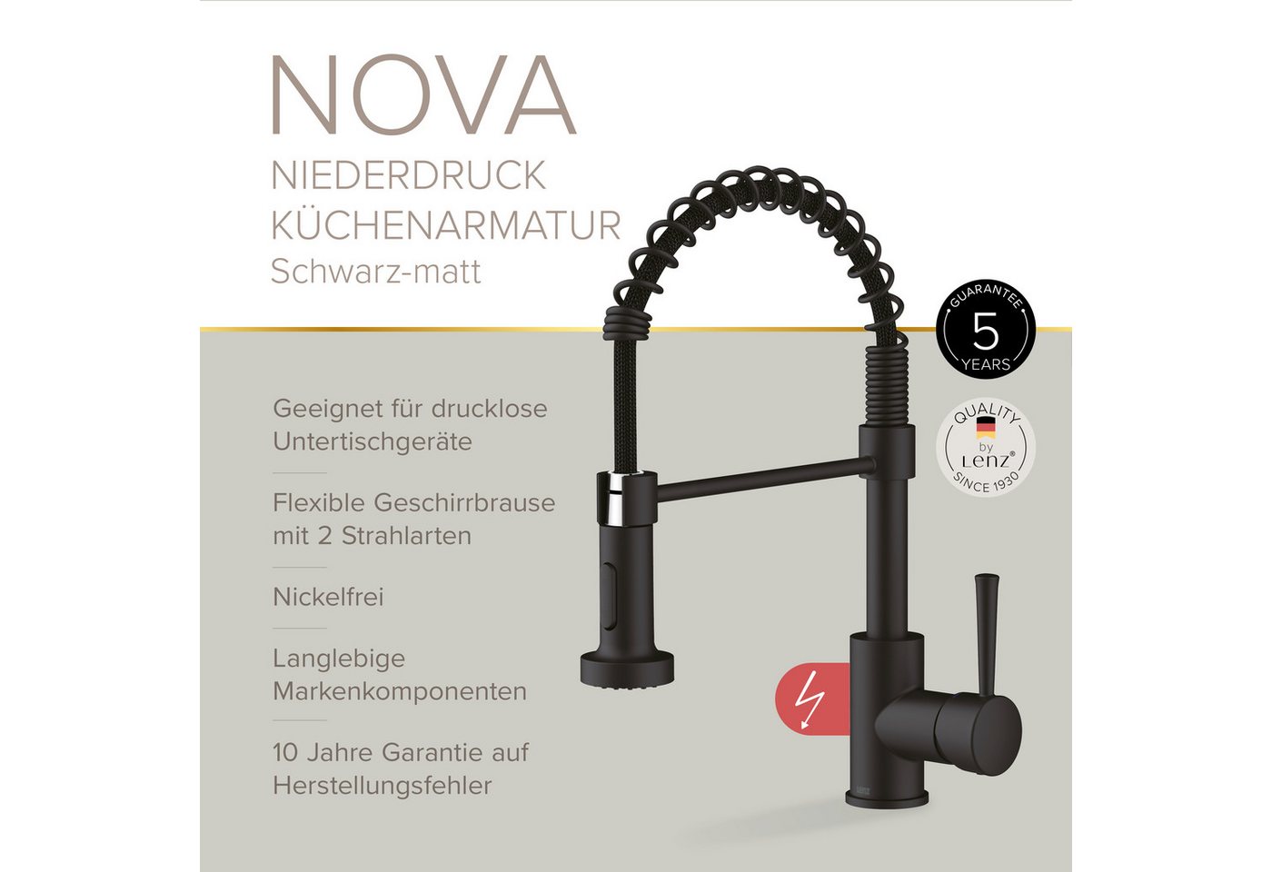 Lenz Küchenarmatur NOVA nickelfrei, 360° schwenkbar, 2 Strahlarten Niederdruckanschluss – Bild 3 von 5