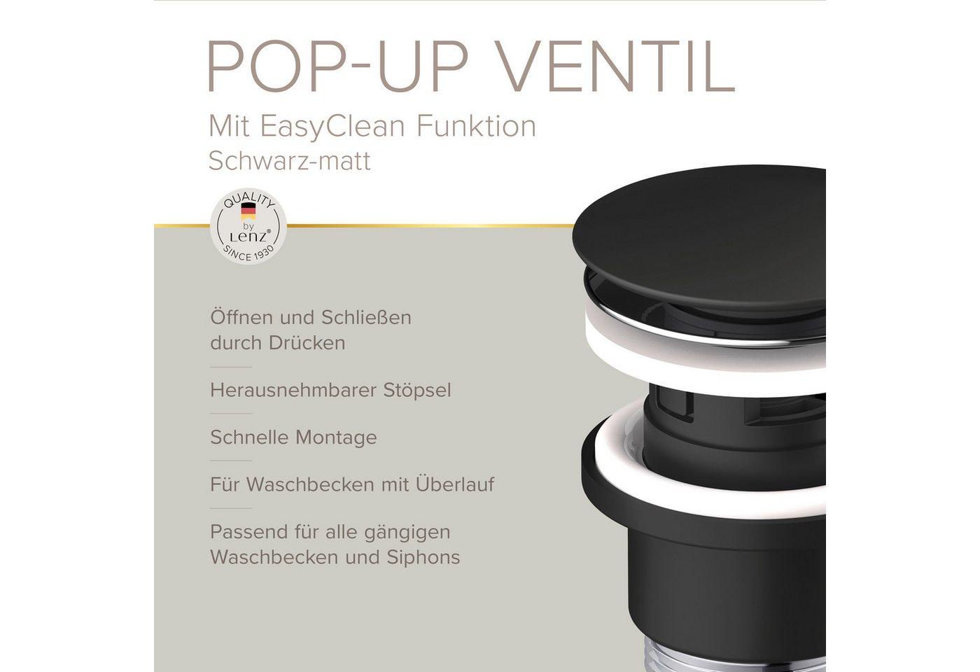 Lenz Waschbeckenstöpsel Easy Clean Pop-Up-Ventil, Waschbeckenstopfen – Bild 3 von 5