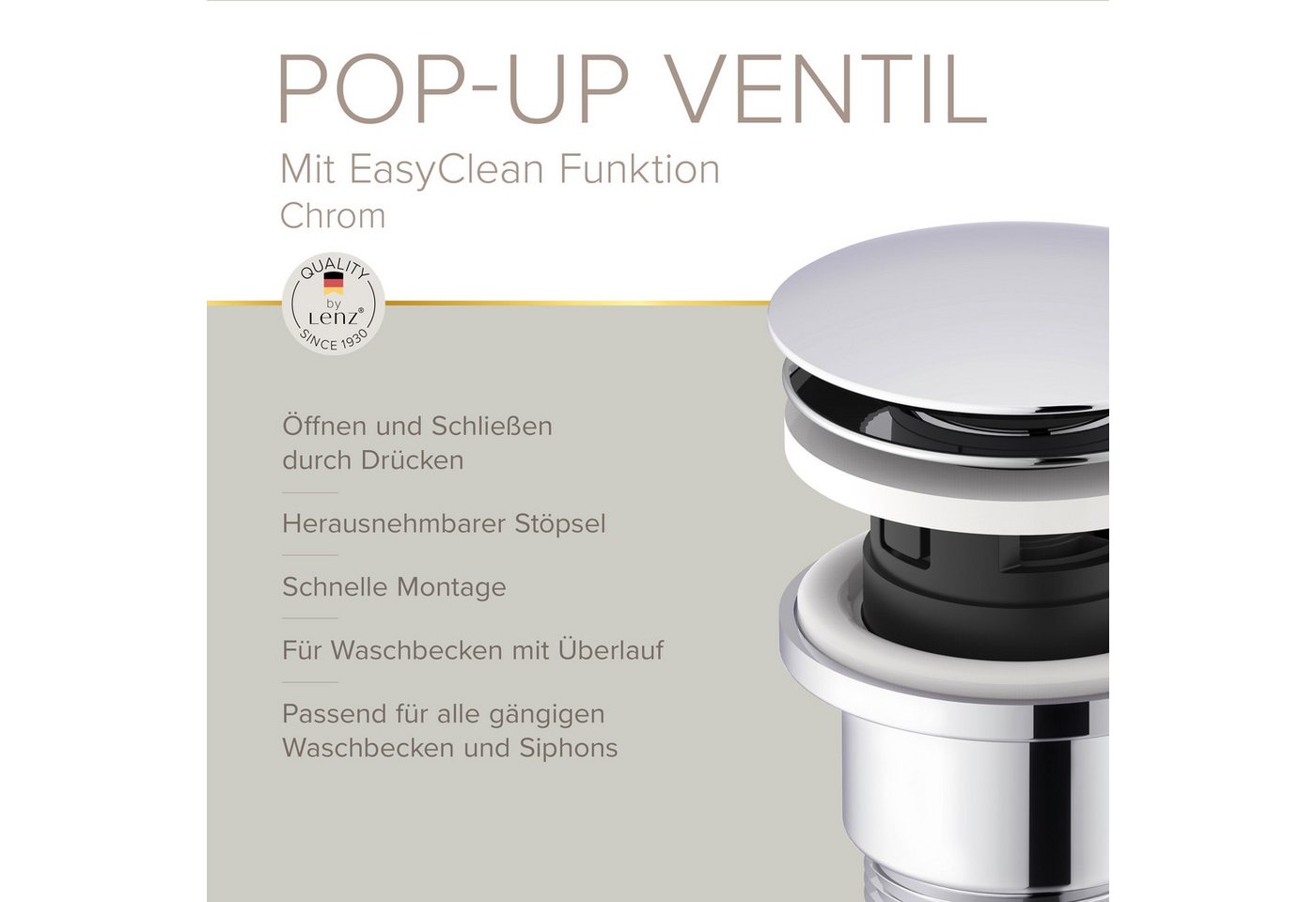 Lenz Waschbeckenstöpsel Easy Clean Pop-Up-Ventil, Waschbeckenstopfen – Bild 3 von 5