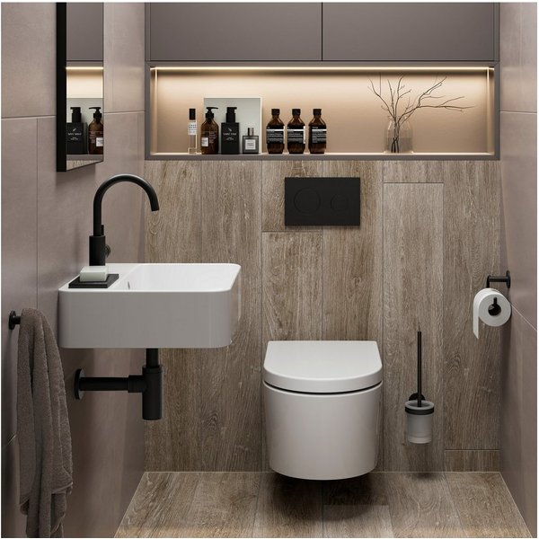 Lenz WC-Komplettset PERFECT FIT Gästebad, WC, Waschbecken, Armatur, Accessoires, Siphon, wandhängend, (Gäste-Bad-Set Komplettes Gästebad als Set), 8-teiliges Ba
