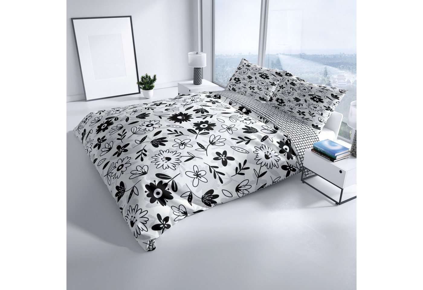 Leonado Vicenti Bettwäsche 135x200 cm, 155x220 cm, Renforcé, 2 teilig, Blumenmuster mit Wendeseite in Weiß, Schwarz und Grau – Bild 5 von 5