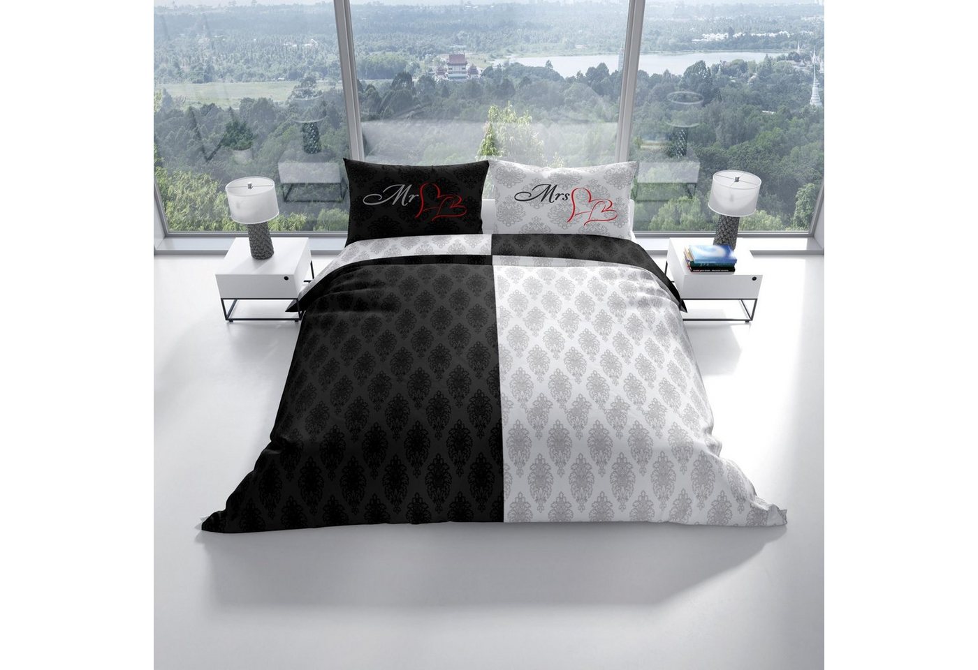 Leonado Vicenti Bettwäsche Allergiker geeignet 135x200 oder 155x220, Microfaser, 4 teilig, Partnerbettwäsche Mr & Mrs mit Ornamenten – Bild 2 von 5
