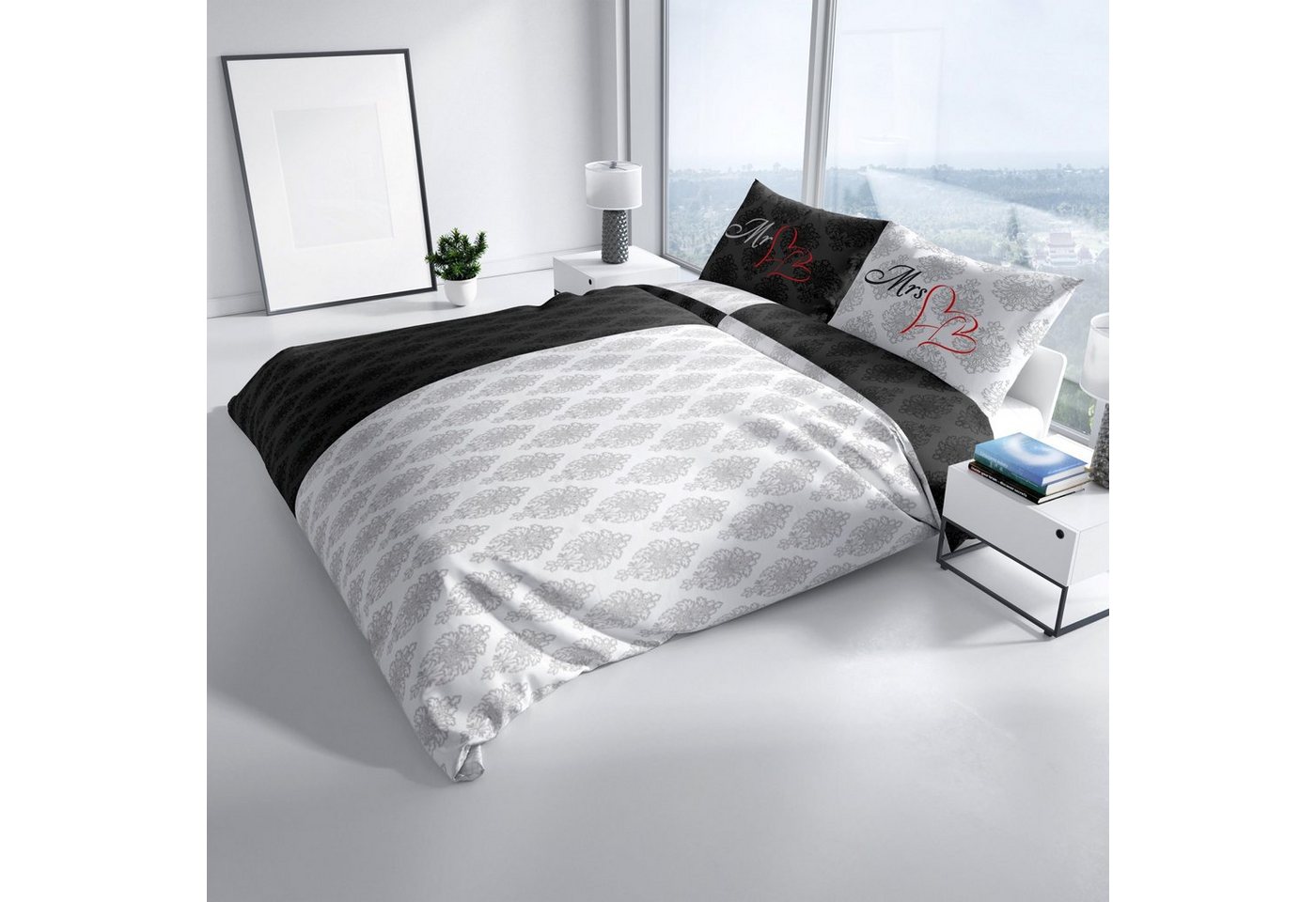 Leonado Vicenti Bettwäsche Allergiker geeignet 135x200 oder 155x220, Microfaser, 4 teilig, Partnerbettwäsche Mr & Mrs mit Ornamenten – Bild 5 von 5