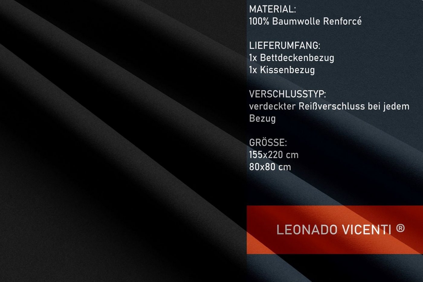 Leonado Vicenti Bettwäsche Baumwolle 135x200, 155x200, 155x220, 200x200, 200x220 oder 240x220, Renforcé, 2 teilig, Einfarbig mit Reißverschluss – Bild 4 von 5