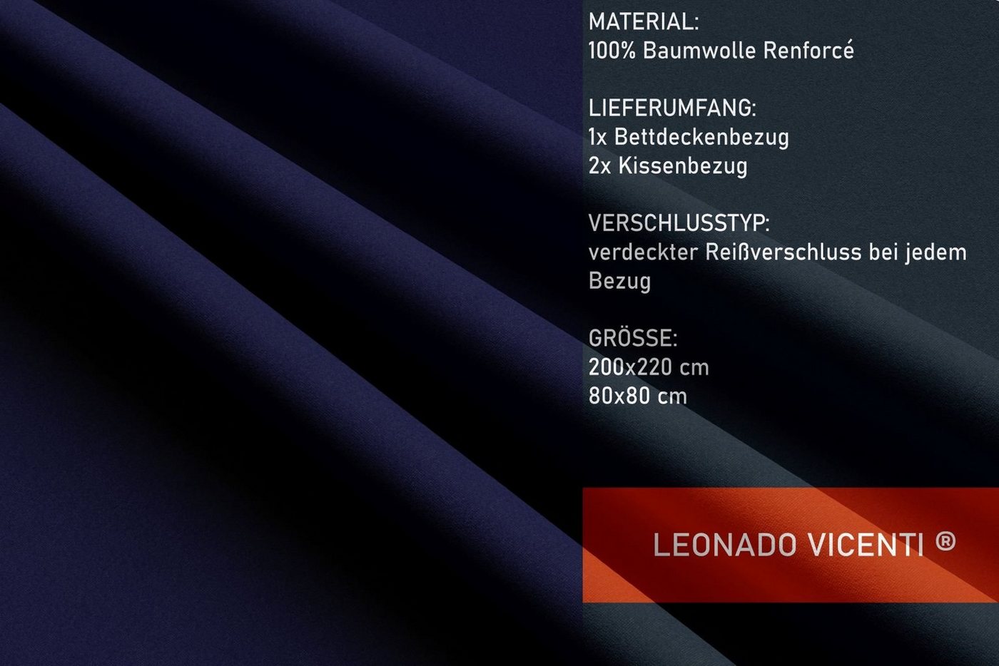 Leonado Vicenti Bettwäsche Baumwolle 135x200, 155x200, 155x220, 200x200, 200x220 oder 240x220, Renforcé, 3 teilig, Einfarbig mit Reißverschluss – Bild 4 von 5
