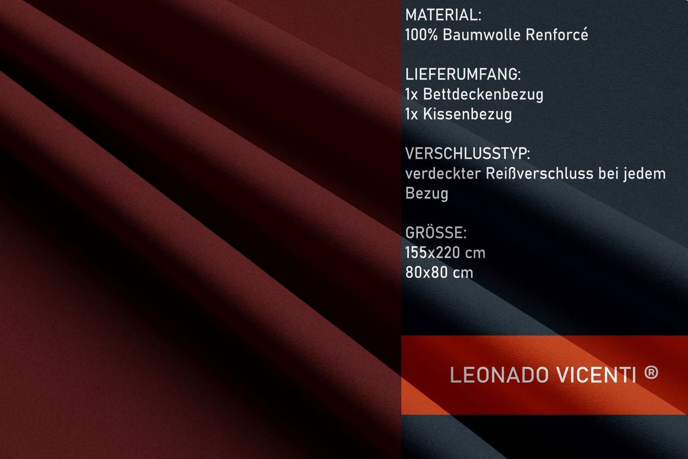 Leonado Vicenti Bettwäsche Baumwolle 135x200, 155x200, 155x220, 200x200, 200x220 oder 240x220, Renforcé, 2 teilig, Einfarbig mit Reißverschluss – Bild 4 von 5