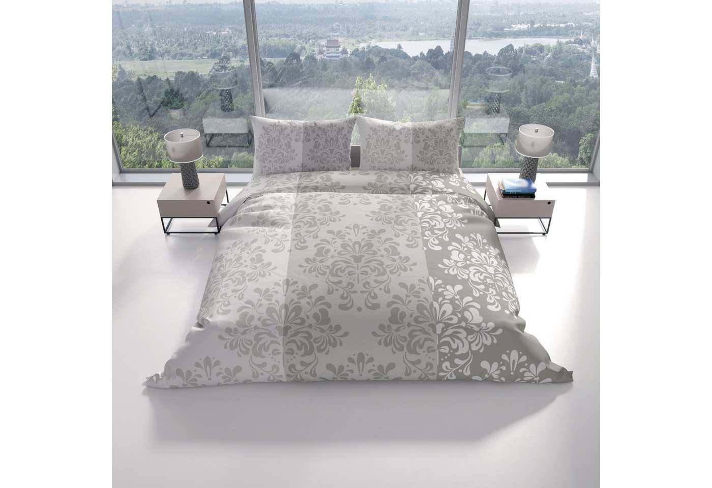 Leonado Vicenti Bettwäsche Biber Baumwolle, Biber, 3 teilig, warm und kuschelig, elegantes Design in Taupe und Beige – Bild 2 von 5