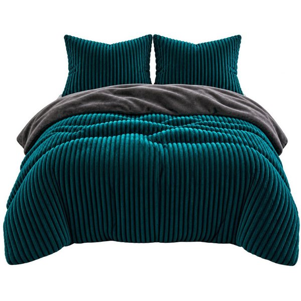 Leonado Vicenti Bettwäsche CORD Optik, Teddy Plüsch, Cashmere Touch, Fleece, 3 teilig, Winter, Wendeseite Anthrazit, flauschig, warm, Nicky-Plüsch