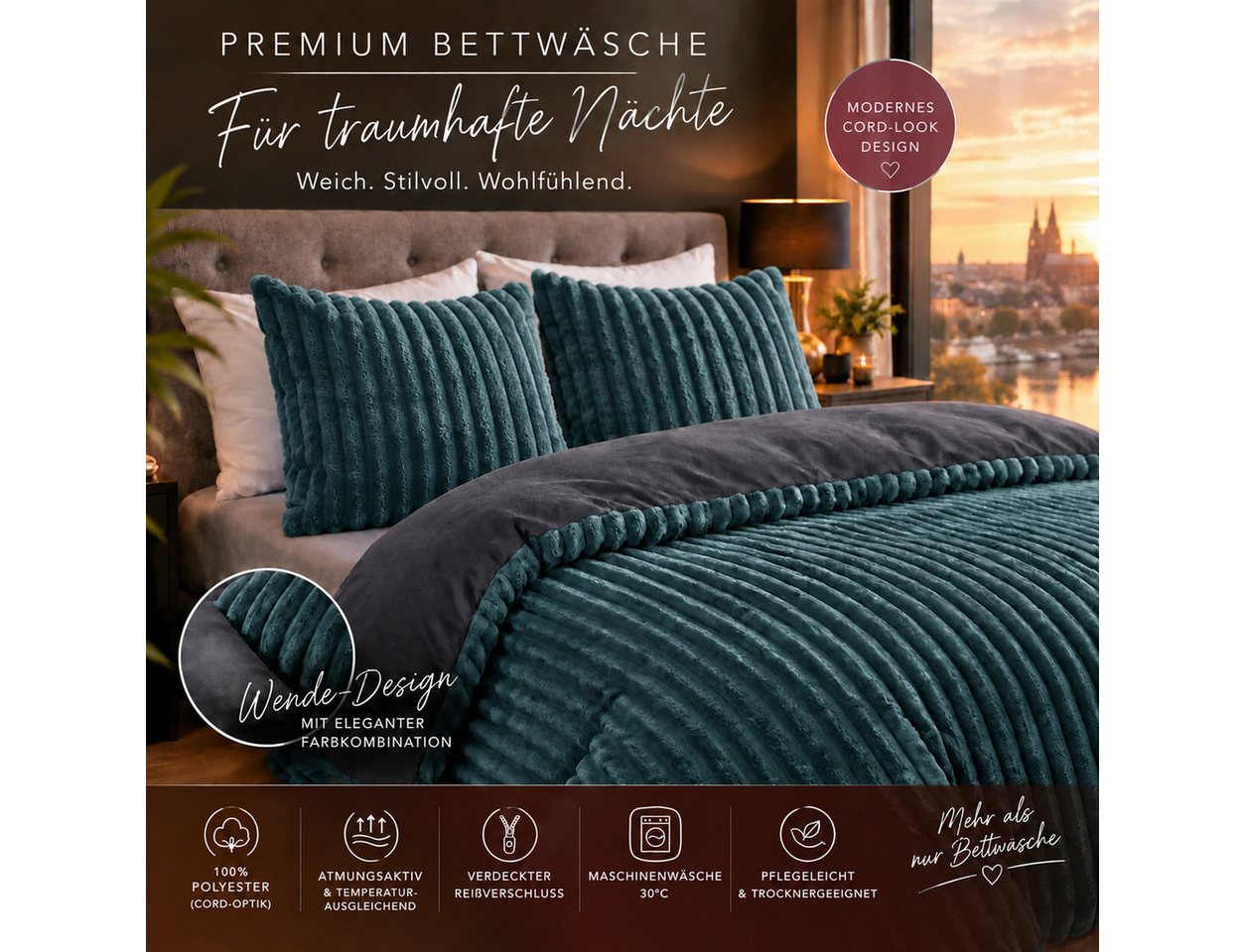 Leonado Vicenti Bettwäsche CORD Optik, Teddy Plüsch, Cashmere Touch, Fleece, 3 teilig, Winter, Wendeseite Anthrazit, flauschig, warm, Nicky-Plüsch – Bild 3 von 5