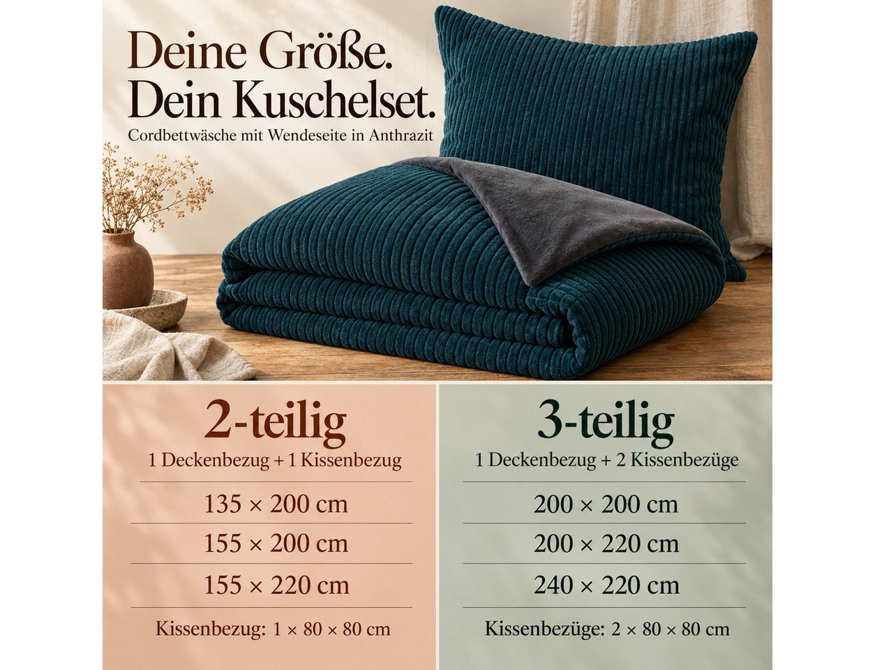 Leonado Vicenti Bettwäsche CORD Optik, Teddy Plüsch, Cashmere Touch, Fleece, 3 teilig, Winter, Wendeseite Anthrazit, flauschig, warm, Nicky-Plüsch – Bild 5 von 5