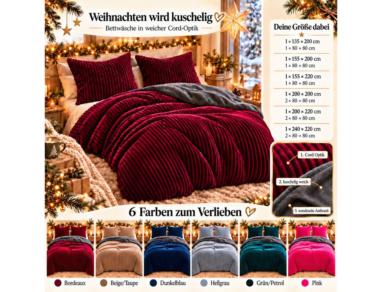 Leonado Vicenti Bettwäsche CORD Optik, Teddy Plüsch, Cashmere Touch, Fleece, 2 teilig, Winter, Wendeseite Anthrazit, flauschig, warm, Nicky-Plüsch – Bild 2 von 5