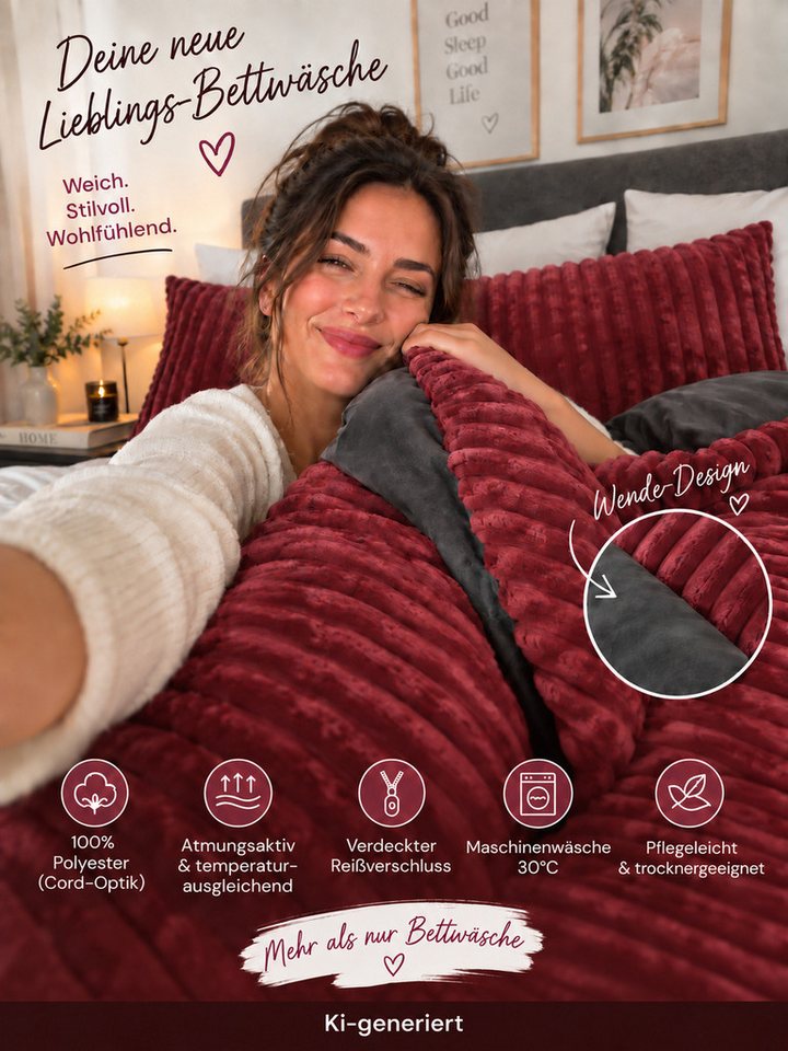 Leonado Vicenti Bettwäsche CORD Optik, Teddy Plüsch, Cashmere Touch, Fleece, 2 teilig, Winter, Wendeseite Anthrazit, flauschig, warm, Nicky-Plüsch – Bild 4 von 5