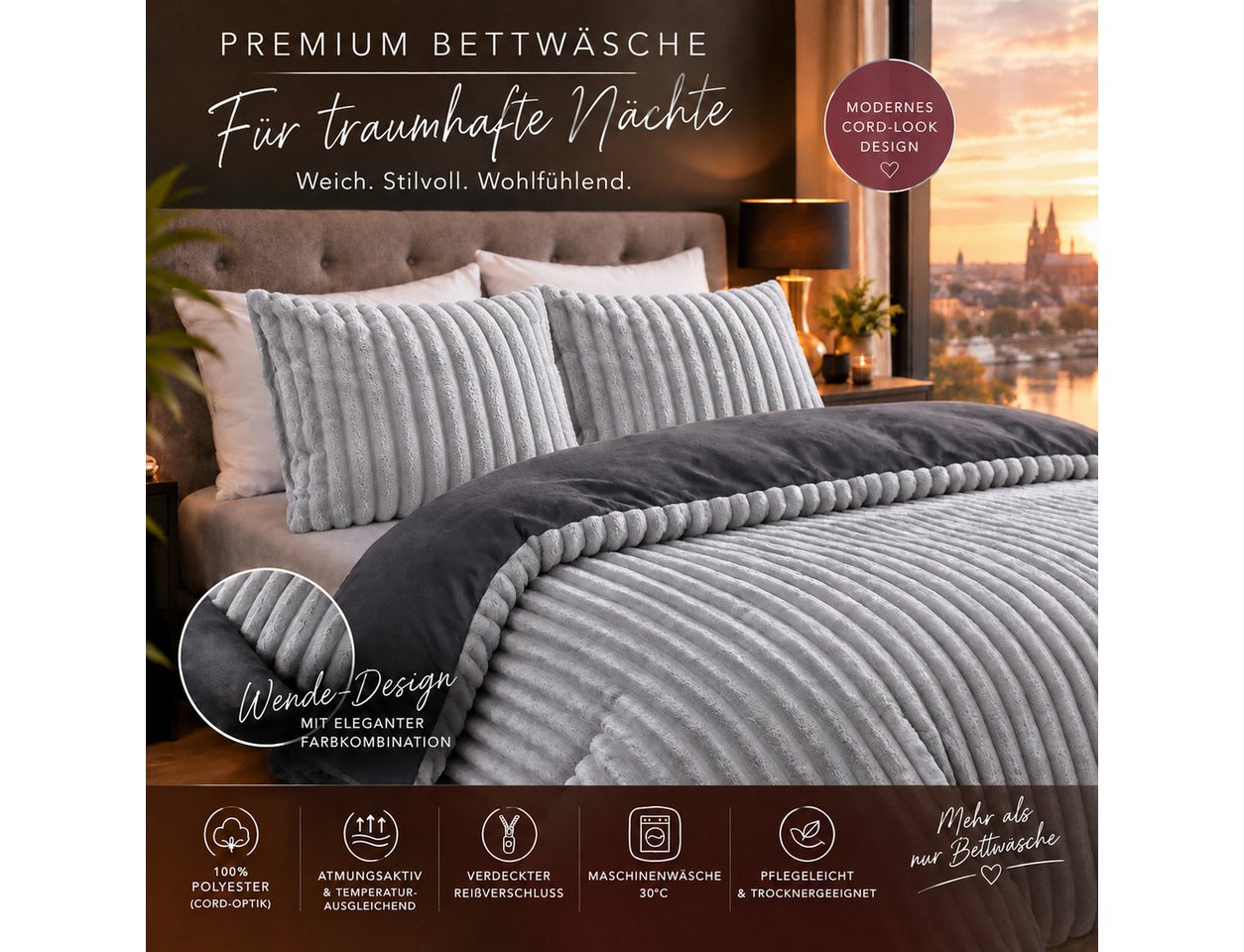 Leonado Vicenti Bettwäsche CORD Optik, Teddy Plüsch, Cashmere Touch, Fleece, 3 teilig, Winter, Wendeseite Anthrazit, flauschig, warm, Nicky-Plüsch – Bild 3 von 5