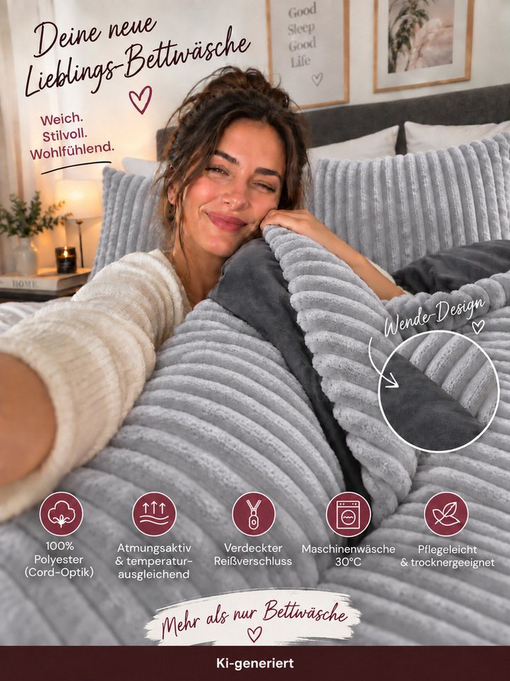 Leonado Vicenti Bettwäsche CORD Optik, Teddy Plüsch, Cashmere Touch, Fleece, 3 teilig, Winter, Wendeseite Anthrazit, flauschig, warm, Nicky-Plüsch – Bild 4 von 5