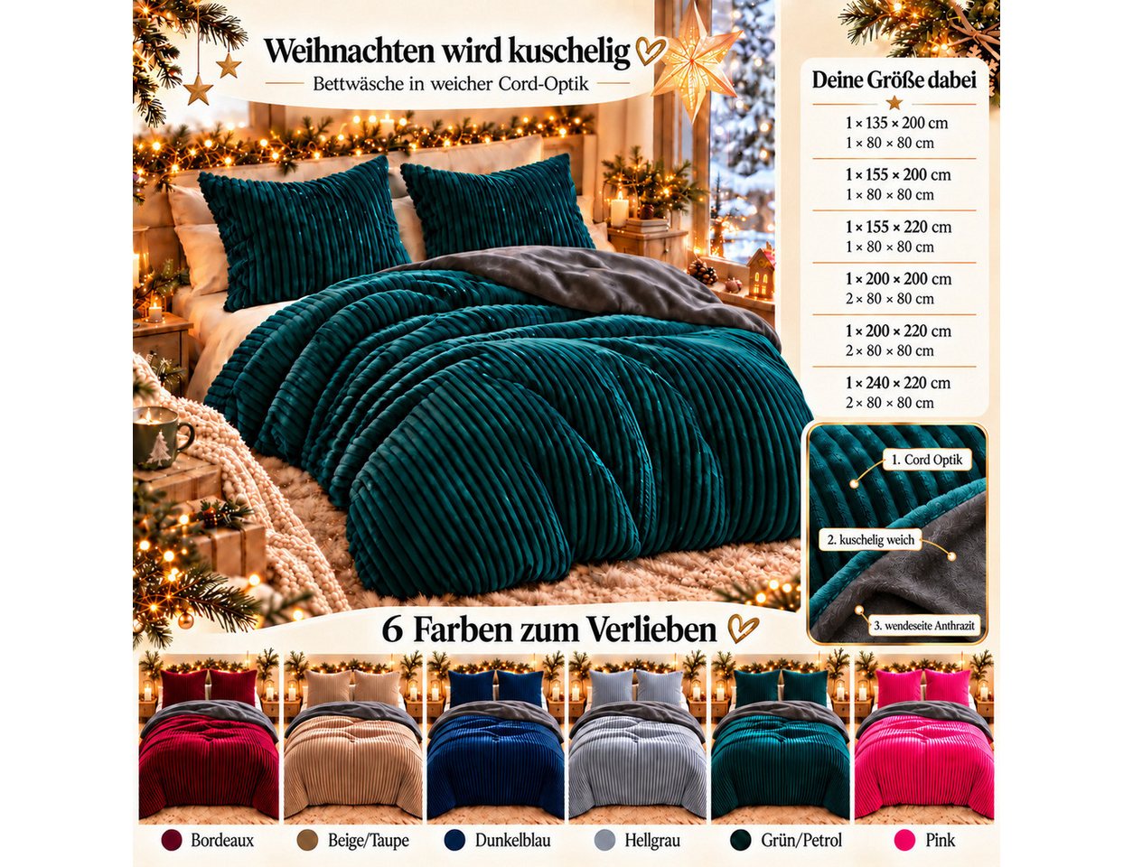 Leonado Vicenti Bettwäsche CORD Optik, Teddy Plüsch, Cashmere Touch, Fleece, 3 teilig, Winter, Wendeseite Anthrazit, flauschig, warm, Nicky-Plüsch – Bild 2 von 5