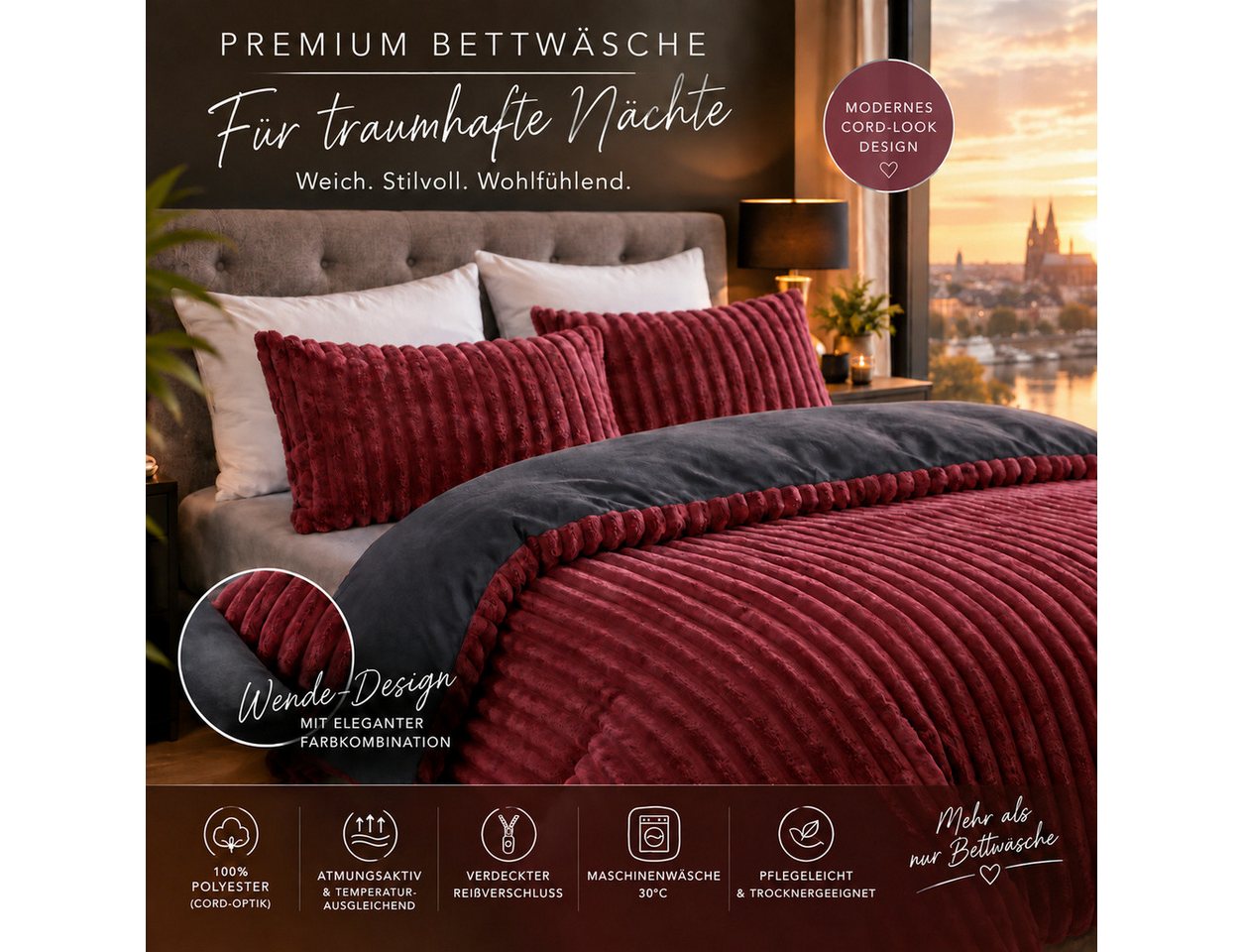 Leonado Vicenti Bettwäsche CORD Optik, Teddy Plüsch, Cashmere Touch, Fleece, 2 teilig, Winter, Wendeseite Anthrazit, flauschig, warm, Nicky-Plüsch – Bild 3 von 5