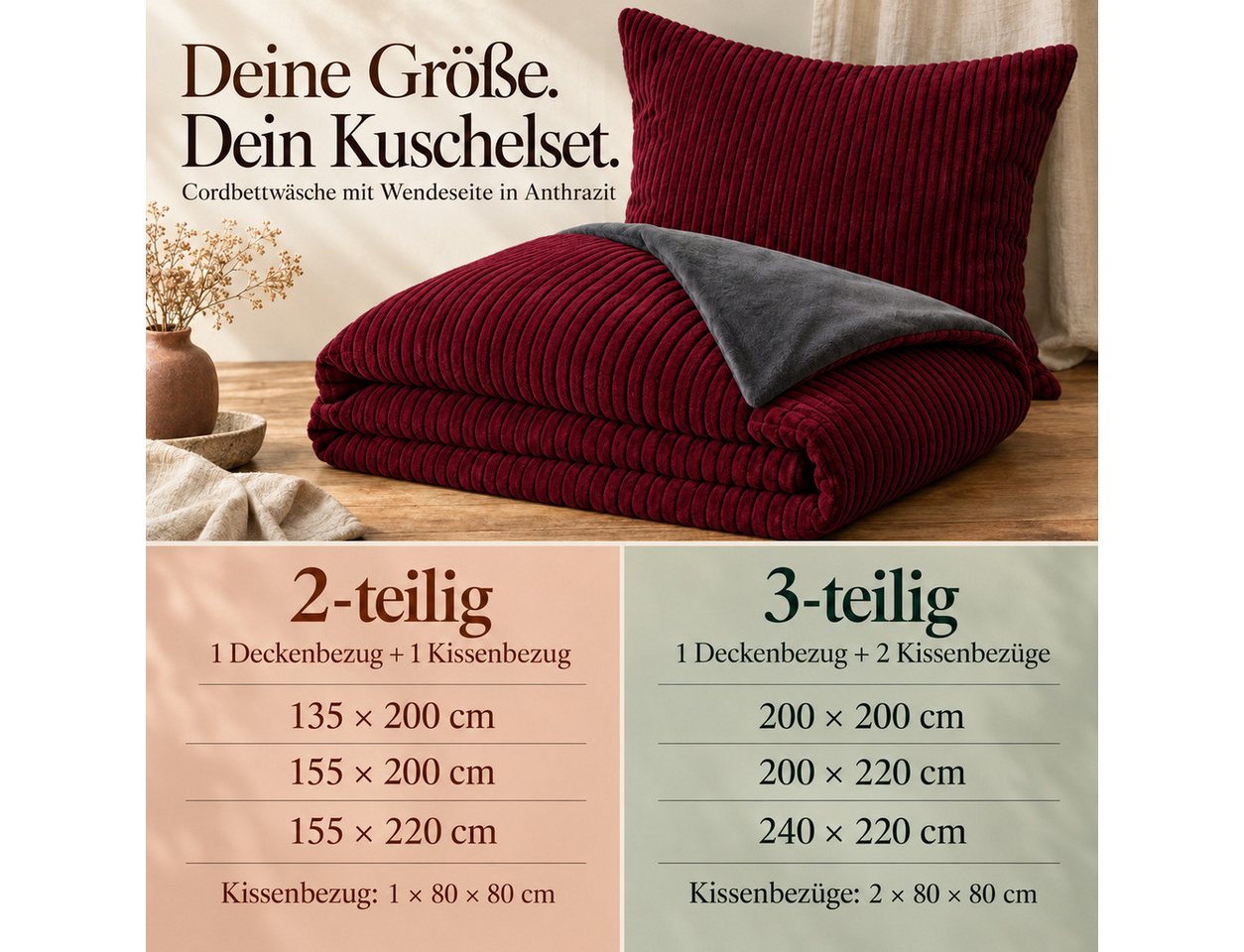 Leonado Vicenti Bettwäsche CORD Optik, Teddy Plüsch, Cashmere Touch, Fleece, 2 teilig, Winter, Wendeseite Anthrazit, flauschig, warm, Nicky-Plüsch – Bild 5 von 5